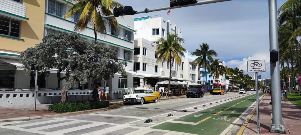Historic Miami Beach streetscape with tropical architecture
